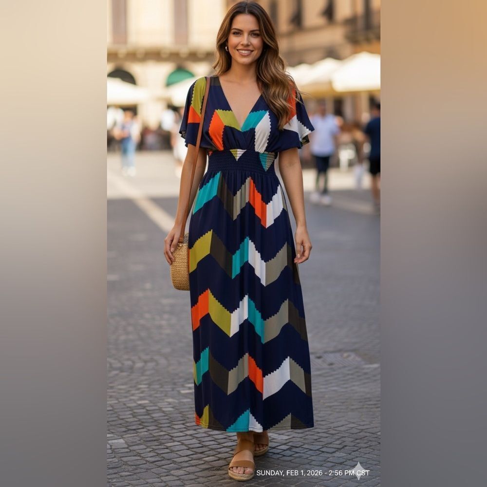 Take 50% OFF- She’s Cool Multi-Colorful Chevron Maxi Dress, Size-M